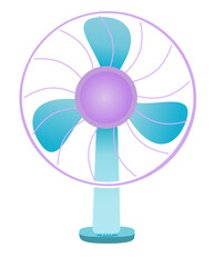 Colorful illustration of a tabletop fan featuring vibrant purple and blue blades surrounded by a circular grille. Perfect for cooling or summer-related themes and representing concepts of airflow