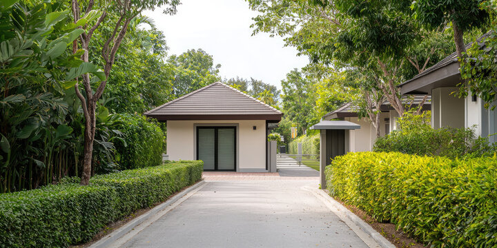 Automatic barrier and past guard shack in an Entrance of Gated Community. Access to a guarded gated community.