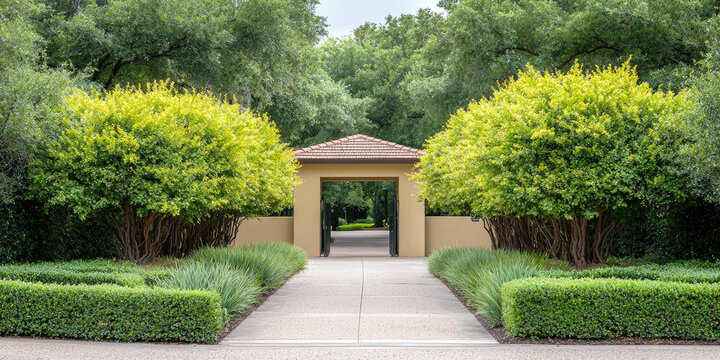 Automatic barrier and past guard shack in an Entrance of Gated Community. Access to a guarded gated community.