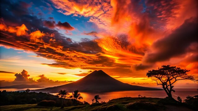 Silhouette of Volcano at Sunset, Lembata Island, Indonesia - Dramatic Volcanic Landscape