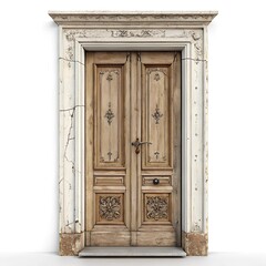 Timeless Vintage Door in 4K: Weathered Wood, Peeling Paint, and Rustic Details with Aged Brass or Iron Hardware on Pure White Background