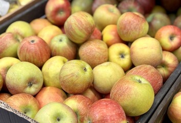 Box filled with fresh natural bio organic red yellow green apples placed on counter in local food market. Close-up
