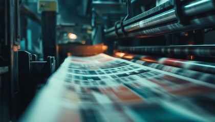 Fototapeta premium Industrial rotary printing press running at full speed, printing high-volume newspapers with precision and efficiency