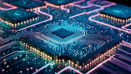Fototapeta premium Abstract close-up of a glowing central processing unit (CPU) on a circuit board, showcasing intricate circuitry and vibrant teal and pink hues.