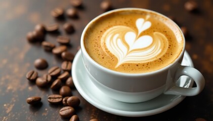 Obraz premium Close-up, latte in white cup, coffee beans scattered , latte, coffee shop, delicious