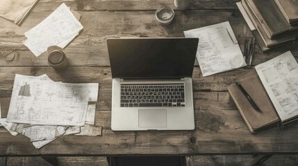 Laptop on cluttered wooden desk, design work, research, office