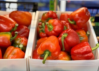 Pile of an washed fresh red sweet bell peppers on sale in vegetable stand display at supermarket show organic food, vegetarian food, healthy food. Close-up