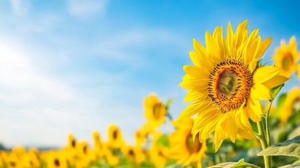 Vibrant sunflower in a lush field under a clear blue sky, showcasing nature's beauty © chusnul