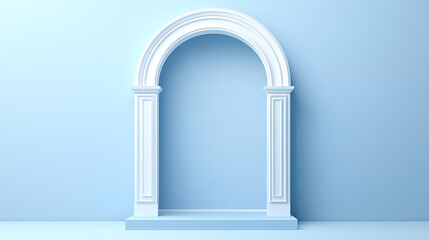 Fototapeta premium A pastel blue scene with an elegant, white arched doorway and minimalist decorative columns.