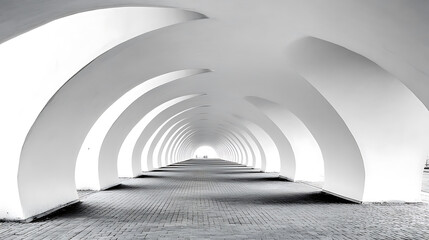 Fototapeta premium Monochrome view of a long, covered walkway defined by repetitive white arches, leading to a distant light source.