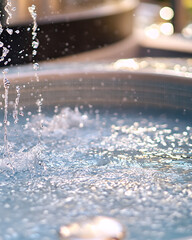 Water droplets spray and ripple across a pool, catching sunlight in glittering bursts against a blurred background.