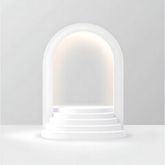 All-white staircase leading to a platform within a softly lit arched doorway against a minimalist background.