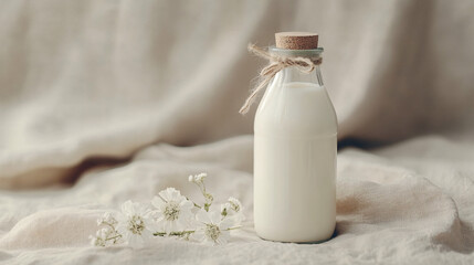 Rustic Glass Milk Bottle with Delicate White Flowers on Beige