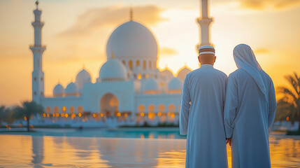 Two Muslim men standing together facing a beautiful mosque at sunset, symbolizing faith, unity, reflection, and devotion during Ramadan, Eid, and Islamic religious traditions in Middle Eastern culture
