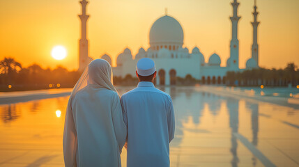 Two Muslim men standing together facing a beautiful mosque at sunset, symbolizing faith, unity, reflection, and devotion during Ramadan, Eid, and Islamic religious traditions in Middle Eastern culture