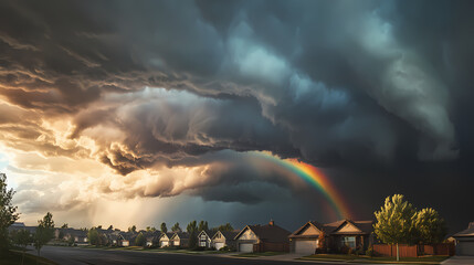 Dramatic storm clouds loom over a suburban landscape, capturing the tension of an impending weather event. Rainbow Storms. Illustration