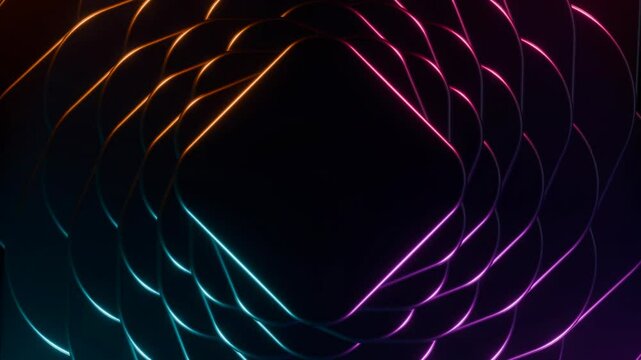 3d render, abstract background video, twisted deck of blank square cards with rounded corners, glowing edges, 4k corporate loop backdrop