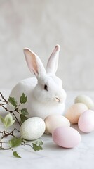 Obraz premium White rabbit with pastel Easter eggs on marble surface. Minimalist spring holiday concept for Easter greeting cards, decorations and festive vertical designs. Celebration background with copy space