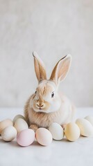 Obraz premium Fluffy light brown rabbit with pastel-colored Easter eggs around. Soft and elegant spring holiday setting for Easter-themed greeting cards, decor and festive vertical designs. Social media template
