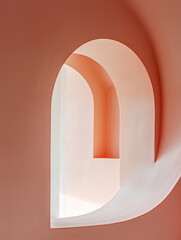 Minimal Modern Pastel Pink Architecture with Geometric Curve Window Opening. Abstract Layer Composition. Natural Lighting.