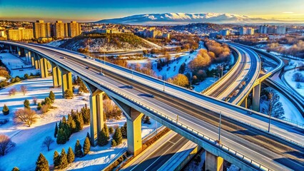 Fototapeta premium Snowy Madrid Highway Bridge: A Stunning Angular View (January 10, 2021)