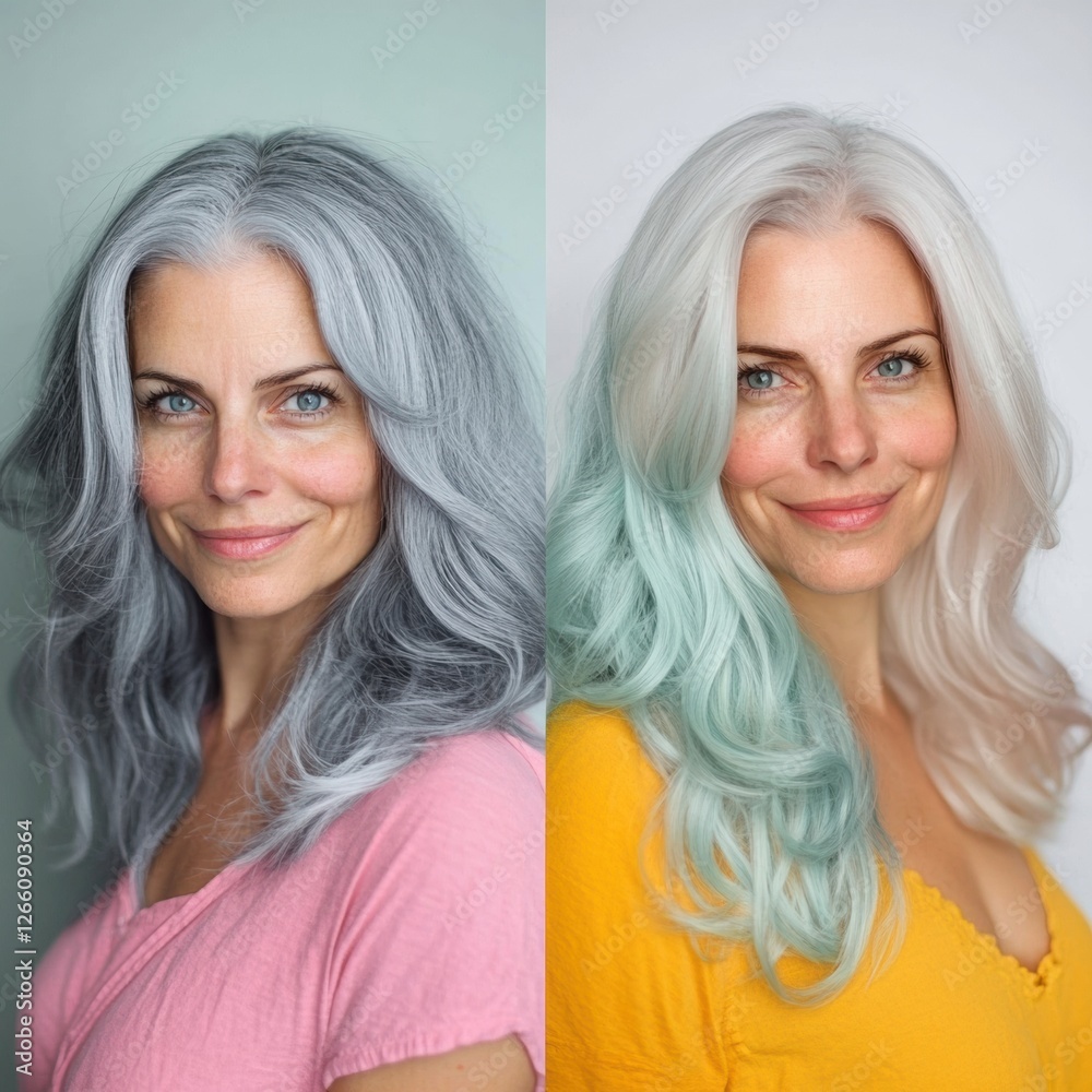 Poster Transforming gray hair to vibrant color with a beautiful transition. Generative AI
