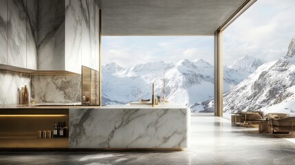 Modern kitchen design featuring marble and snow capped mountain view