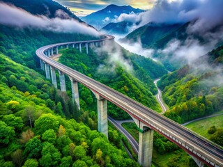 Obraz premium Sochi Russia, Zubova Schel Viaduct Aerial View, Mountain Forest, Overcast Summer Day