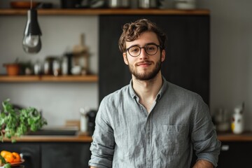 Obraz premium Young man smiles in his kitchen.