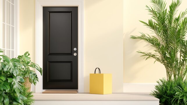 Modern entrance with a black door and a yellow delivery box surrounded by lush greenery
