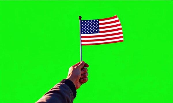 a hand holding united states flag on green screen