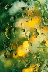 Raindrops on window reflecting city lights and trees creating calming serene mood Generative AI