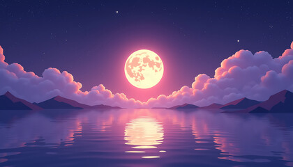 Moonlit landscape reflecting on calm water