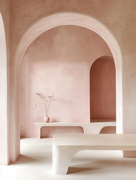 Serene Pink Minimal Interior Architecture with Arches, White Stone Tables with Ceramics On Top In Open Corridor. Geometric Shapes. Abstract. Natural Lighting.