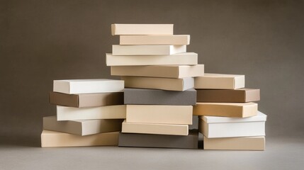 A stack of square art card paper boxes in different neutral tones, arranged in a balanced composition