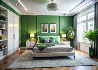 Spacious White & Green Bedroom Interior Design, Calming Minimalist Space, Modern Bed, Wall Art