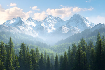 Fototapeta premium Aerial view of alpine forest with snow-capped peaks in the distance