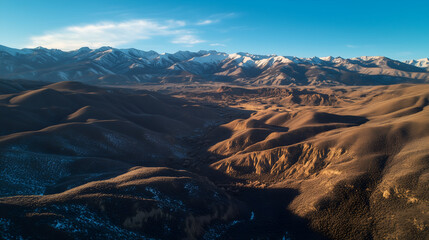 Drone shot of rugged mountain pass with dramatic light and shadow interplay
