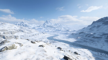 Snow-covered alpine valley with winding river and distant peaks