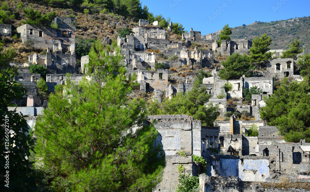 Sticker Historical Kayakoy, located in Fethiye, Turkey, is an old Greek settlement with abandoned houses and churches.