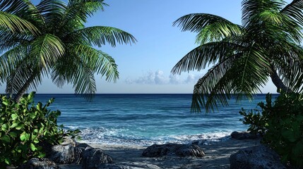 Fototapeta premium Tropical Beach Scene with Palm Trees, Ocean View