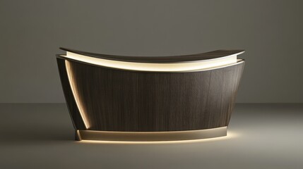 Compact curved booth counter with a subtle LED glow at the base, standing in a neutral space