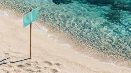 Obraz premium Curved-edge beach flag sign anchored in soft white sand, with crystal-clear waves rolling in