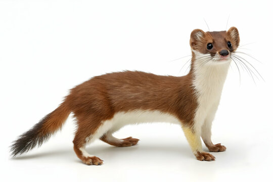 Comadreja brown and white furred small mammal standing against isolated white background, agile wild creature posed for detailed wildlife documentation