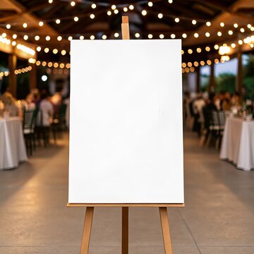 Blank White Welcome Sign Mockup (24x36 Inches) on Easel at Wedding Party: Perfect for Event Branding, Invitations, Reception Decor, Announcements, and Celebration Concepts.