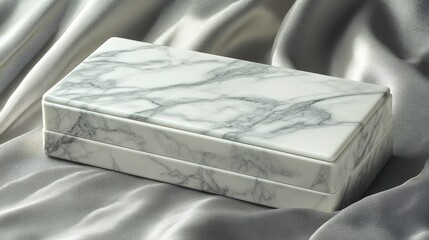 Elegant marble-printed cosmetic box, resting on a silky fabric with soft lighting