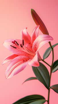 Delicate Single Stem Pink Lily Flower with Bud Against Pink Background. Minimal Floral. Mobile Phone Wallpaper 9:16