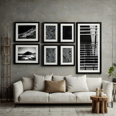 Gallery Wall of Black and White Photography: A modern living space is adorned with a stylish gallery wall featuring six black and white framed photographs.