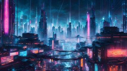 Obraz premium Cyberpunk cityscape at night, illuminated with vibrant neon lights and intricate futuristic architecture, showcasing a dense network of elevated roadways and cables.