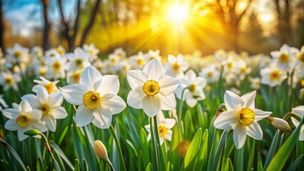 Fototapeta premium Springtime Garden: Delicate White Daffodils Blooming in Sunlight
